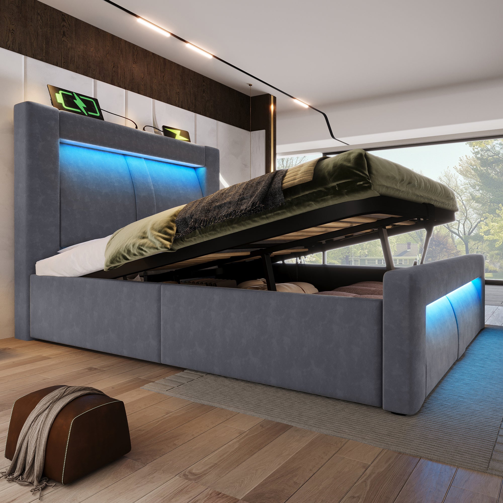 Single Bed 90x200cm Hydraulic Storage LED App USB/Type-C Velvet Grey