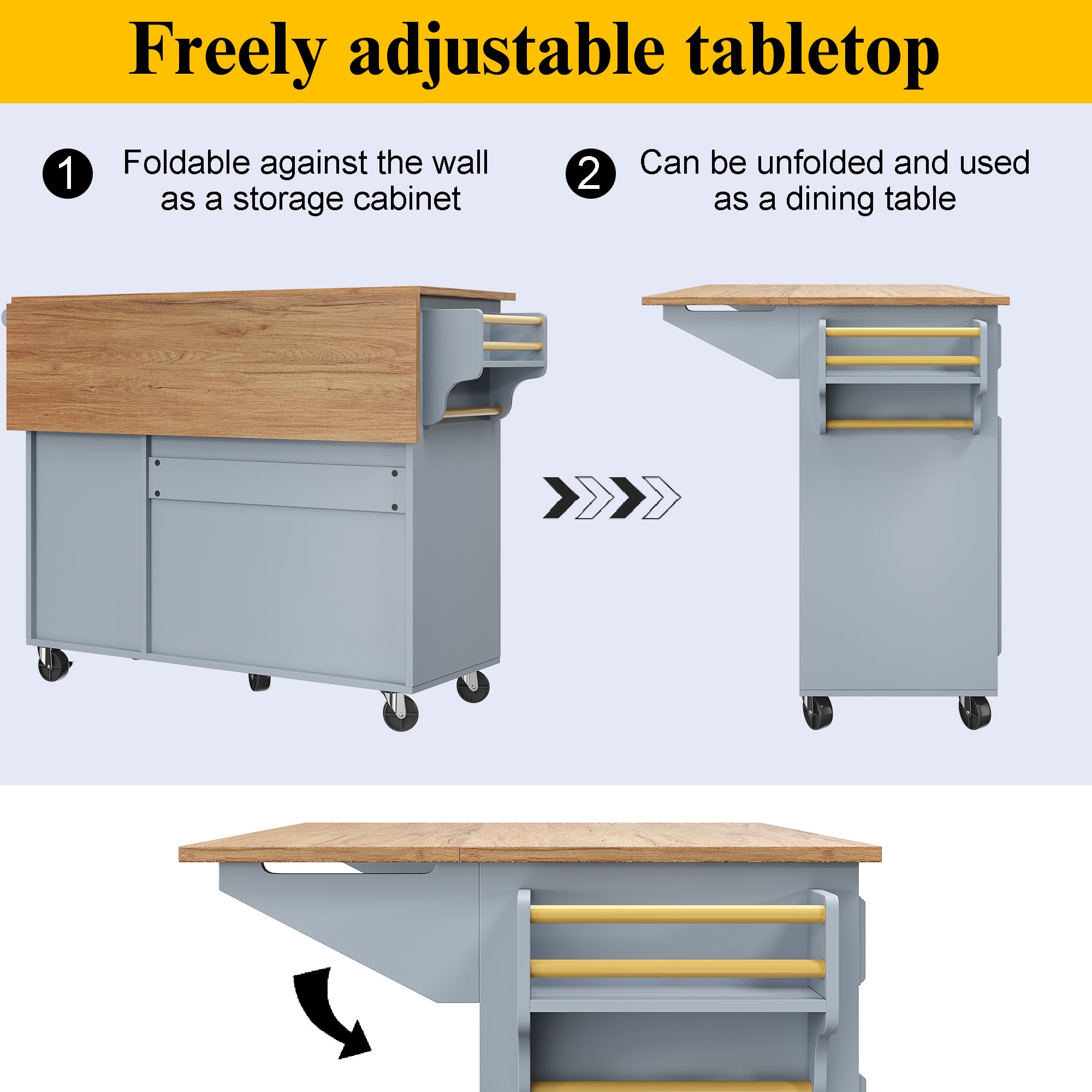 Kitchen Island 110cm Extendable Dining Table with Storage & Removable Trolley, Blue