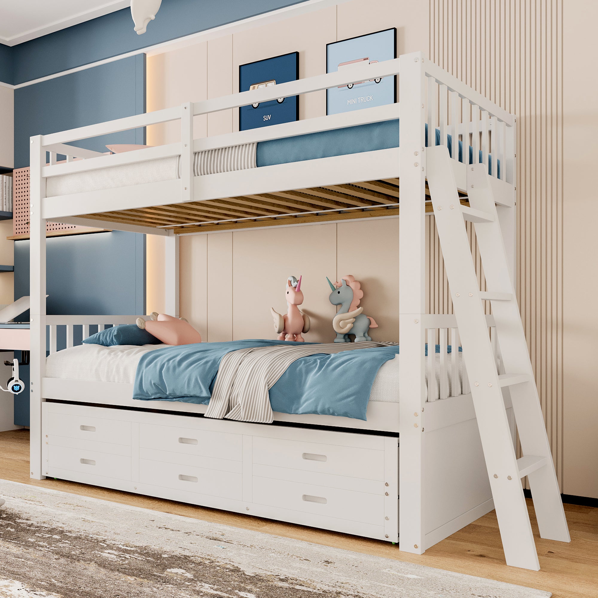 Bunk Bed 90x200cm House Bed with Ladder, Pull-Out Bed & 3 Drawers, White Pine Wood & MDF