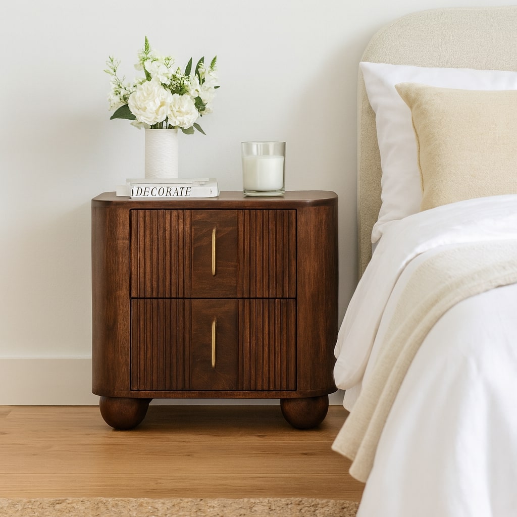 Solid Wood Marlowe Fluted Nightstand, 2 Drawers, Dark Brown