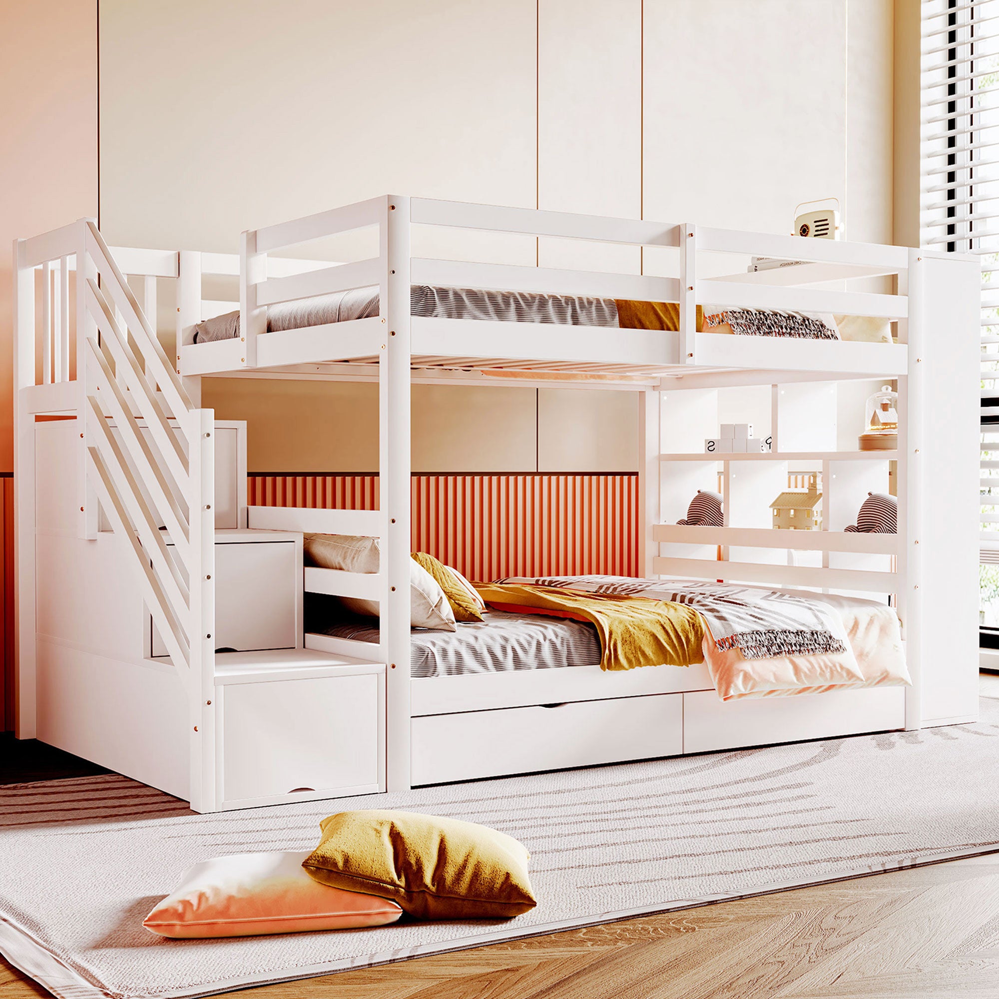 Bunk Bed, 90x200cm, Safety Ladder, Storage & Lockers, Pine Wood, White
