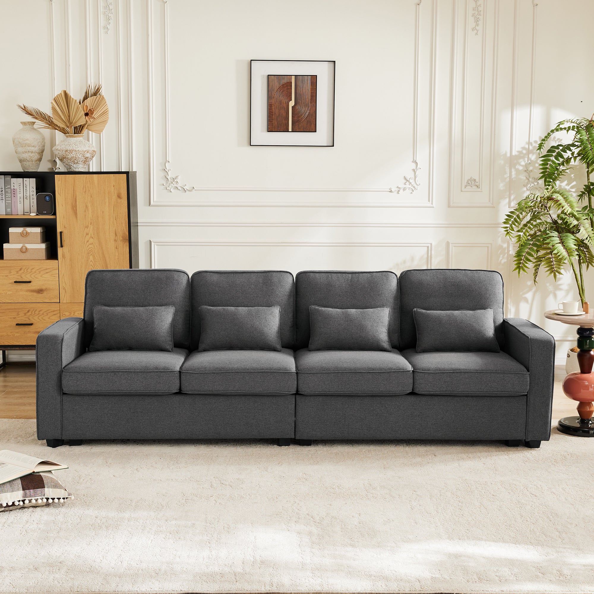 Modern 4-Seater Sofa, Simple Style with Armrest Pockets and 4 Cushions, Linen Fabric