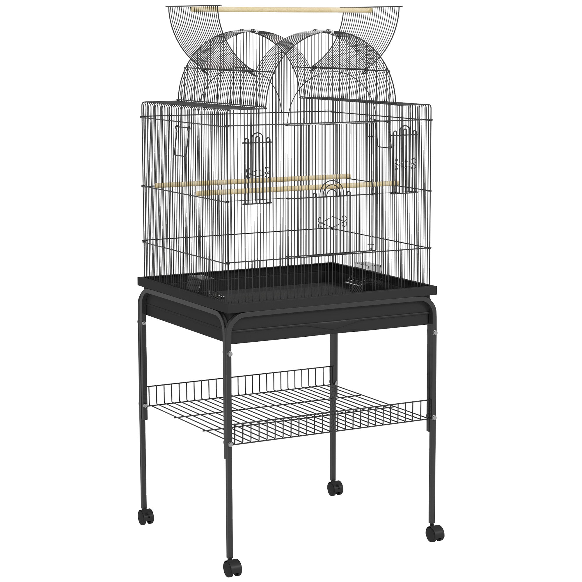 Large Bird Cage Tray Shelf Feeding Station Wheels Steel Black