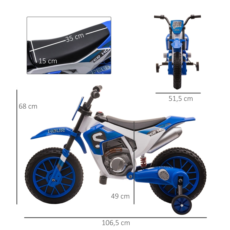 Children's Electric Motorcycle with Training Wheels and 45 Min Driving Time, Blue and White