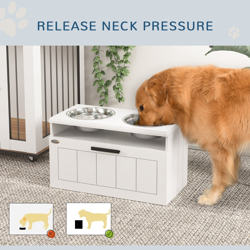 Raised Dog Bowl with Slow Feeder, Two Stainless Steel Bowls, Drawer, White