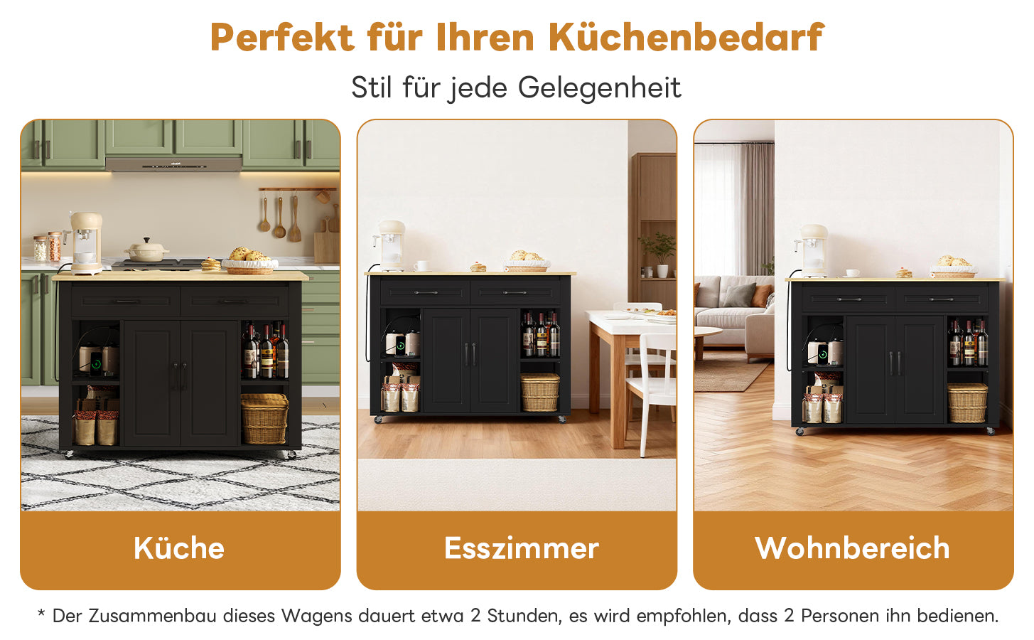 Mobile Kitchen Island with Extendable Bar Counter and Power Outlets, Wood Look