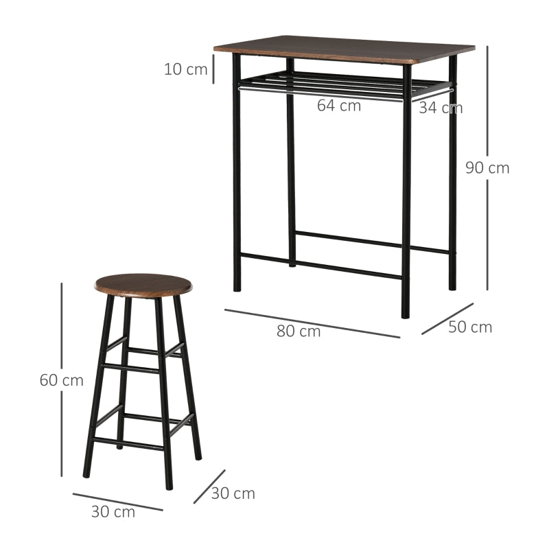 Bar Table Set, Footrest and Storage Shelf, Black and Oak