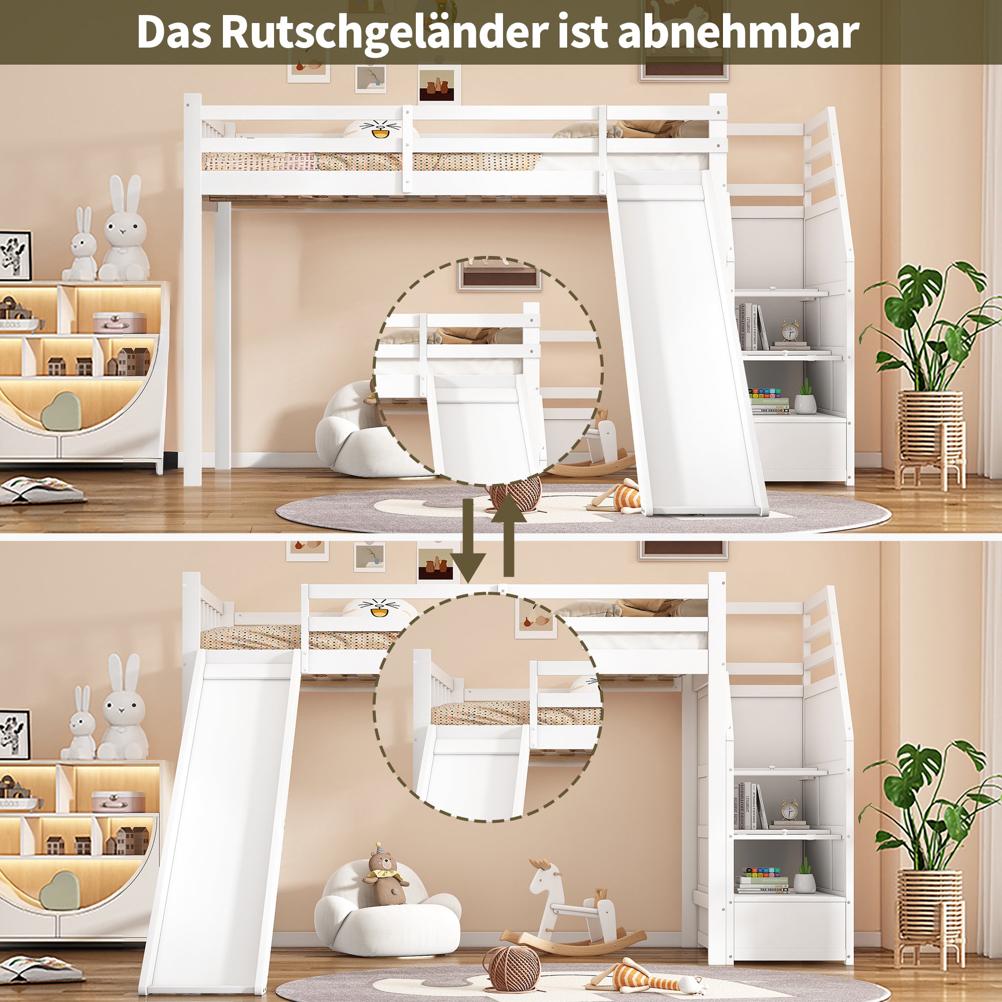 Children's Bunk Bed 90x200cm Slide Storage Ladder Removable Railing, White