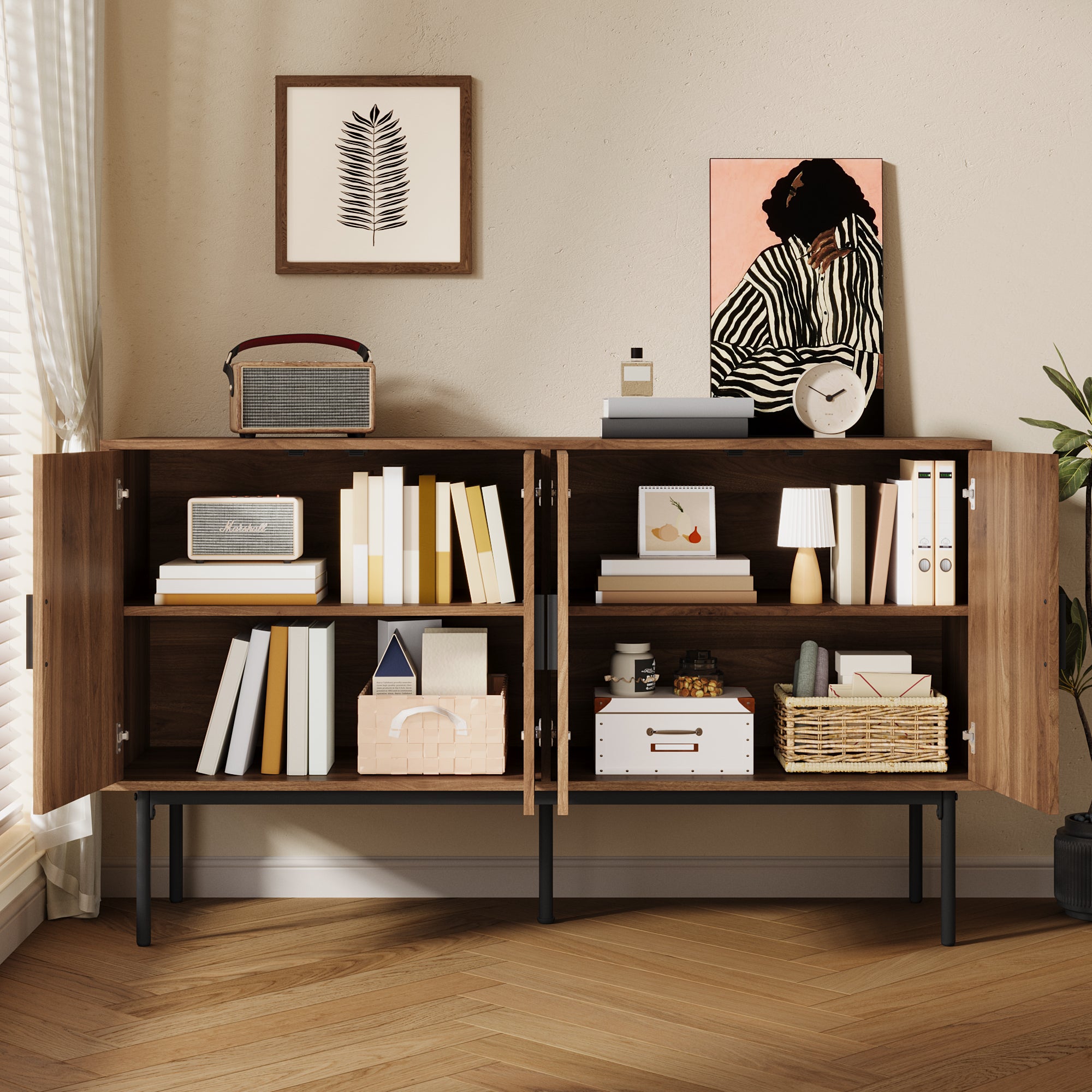 Sideboard Cabinet, Buffet Storage Set, 140L x 40W x 80H cm, Natural MDF