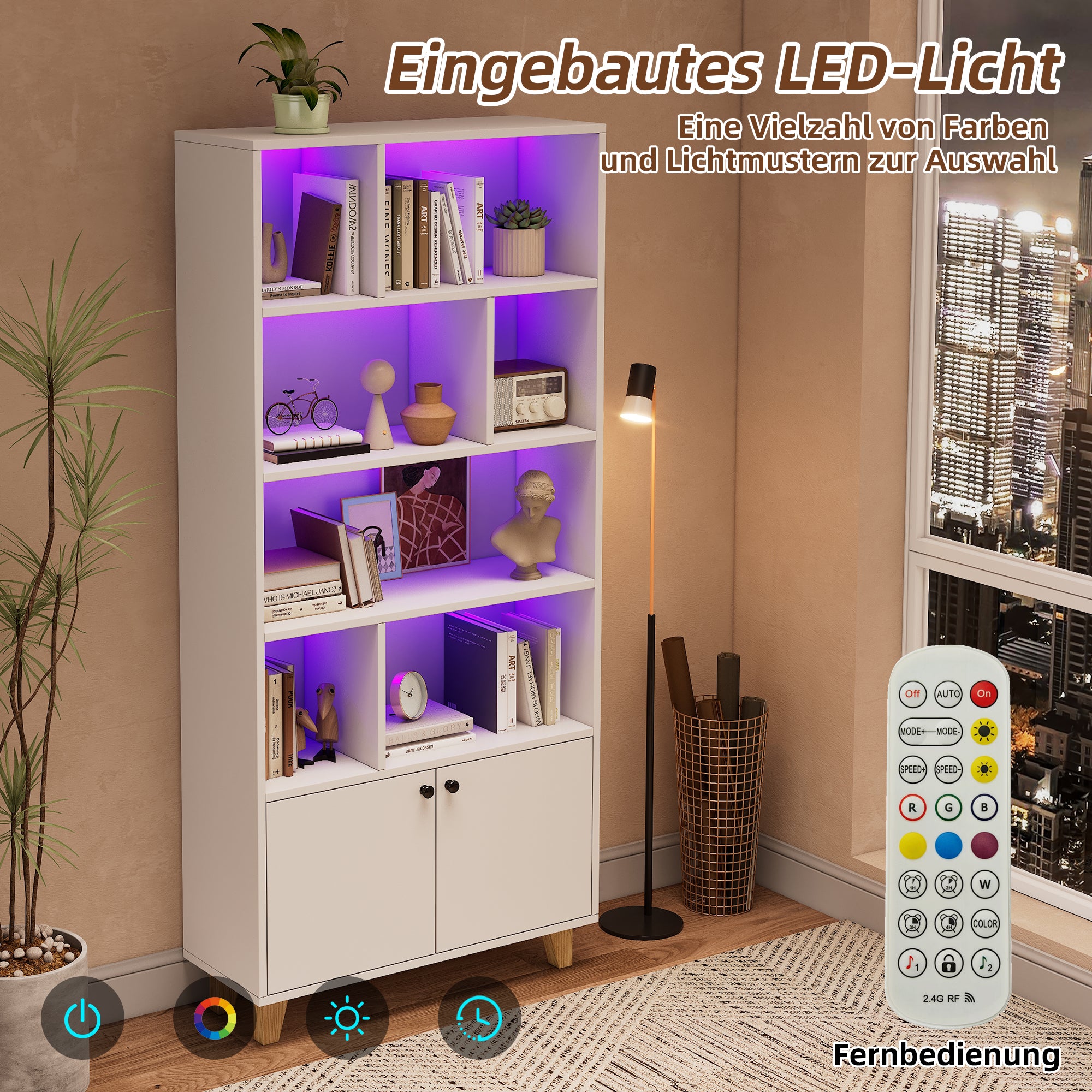 Bookshelf with Solid Wood Legs and LED Ambient Light, White