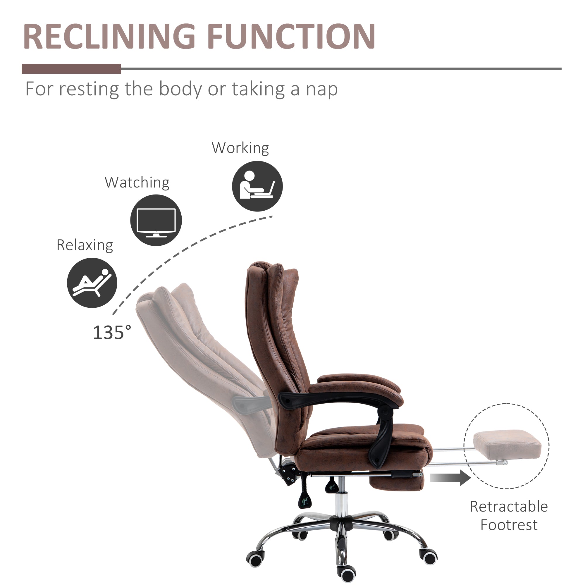 Home Office Chair, Reclining Function Armrests Swivel Wheels Footrest, Microfibre Brown