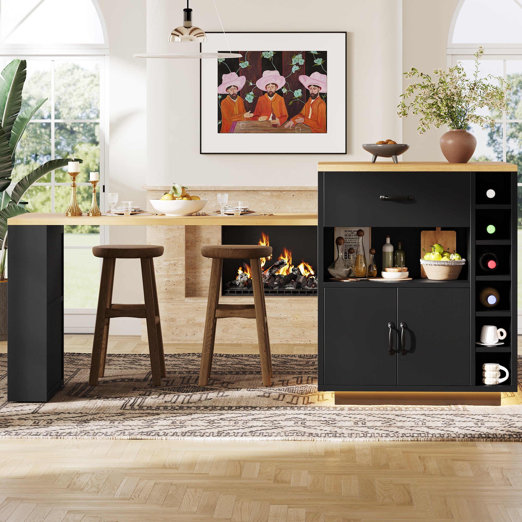 Kitchen Island with Pull-out Table and Storage Drawers, Black and White