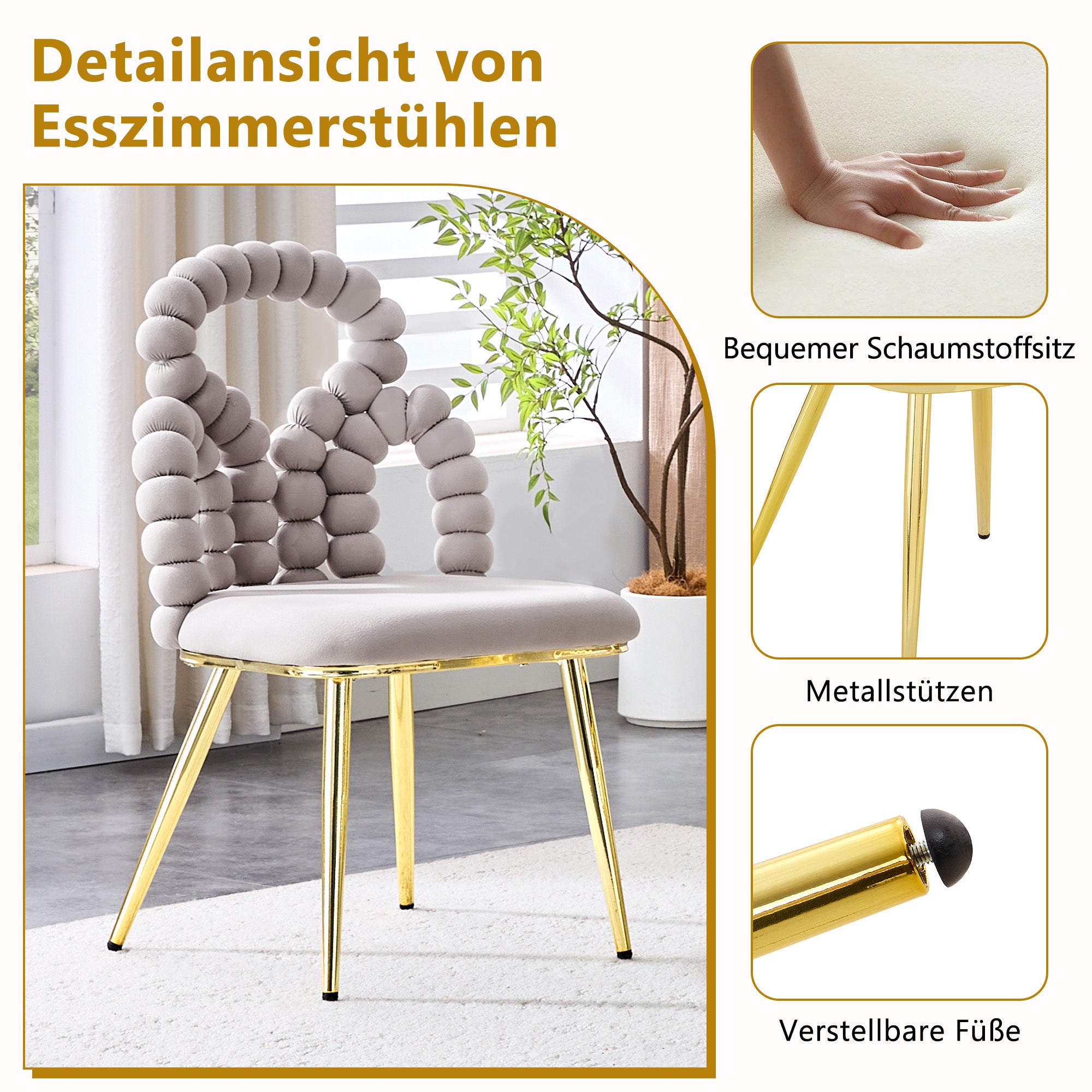 Dining Chairs, Set of 2 Ball Chain Backrests Sturdy Gold-Plated Metal Legs, Light Grey Velvet