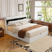 Fashion Upholstered Bed, King Size 150x200cm, Hydraulic with Concealed Headboard Storage, PU, Cream White