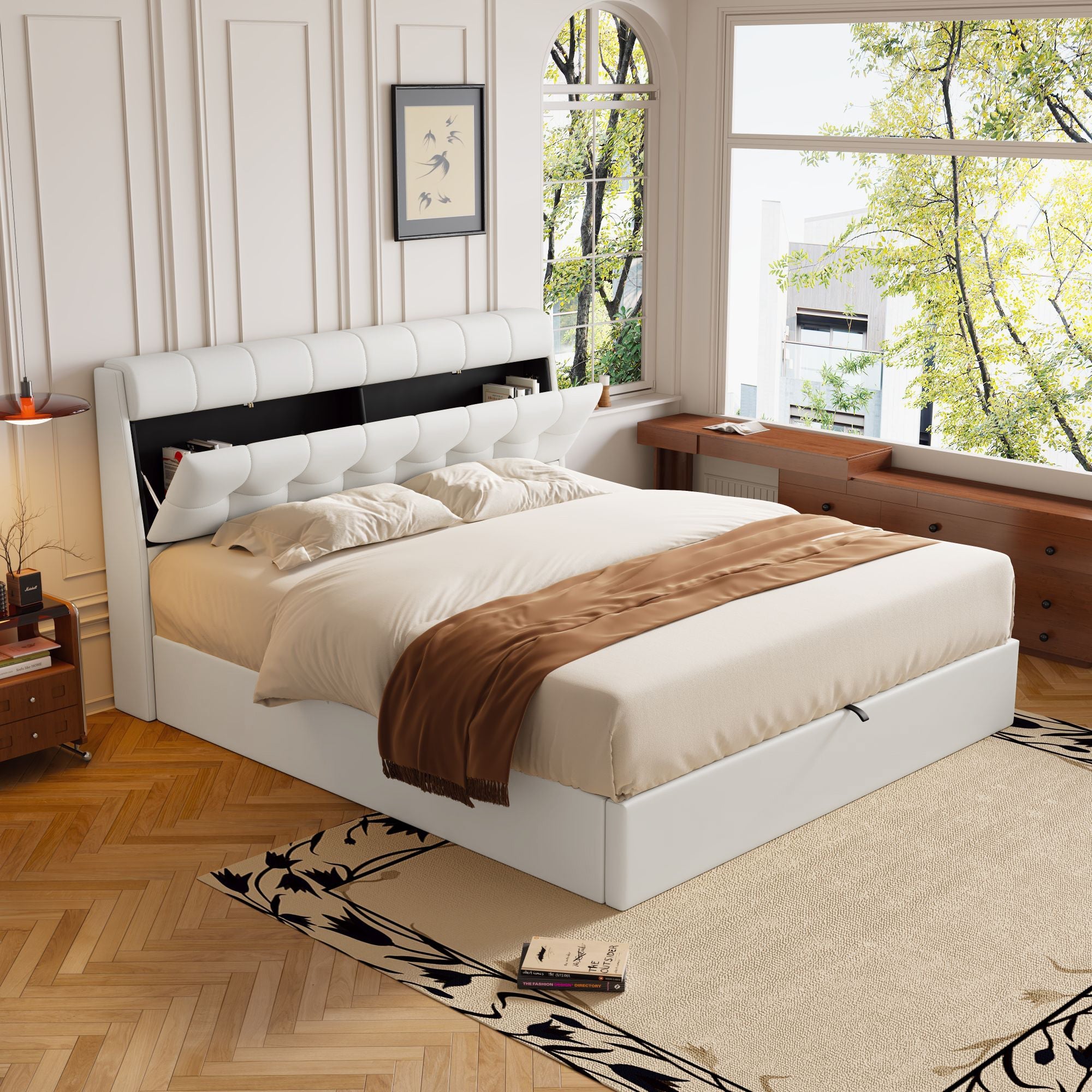 Fashion Upholstered Bed, King Size 150x200cm, Hydraulic with Concealed Headboard Storage, PU, Cream White