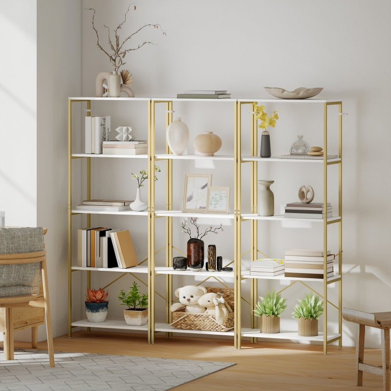 5-Tier Bookshelf Modern Bookcase with Metal Frame, White and Gold Tone