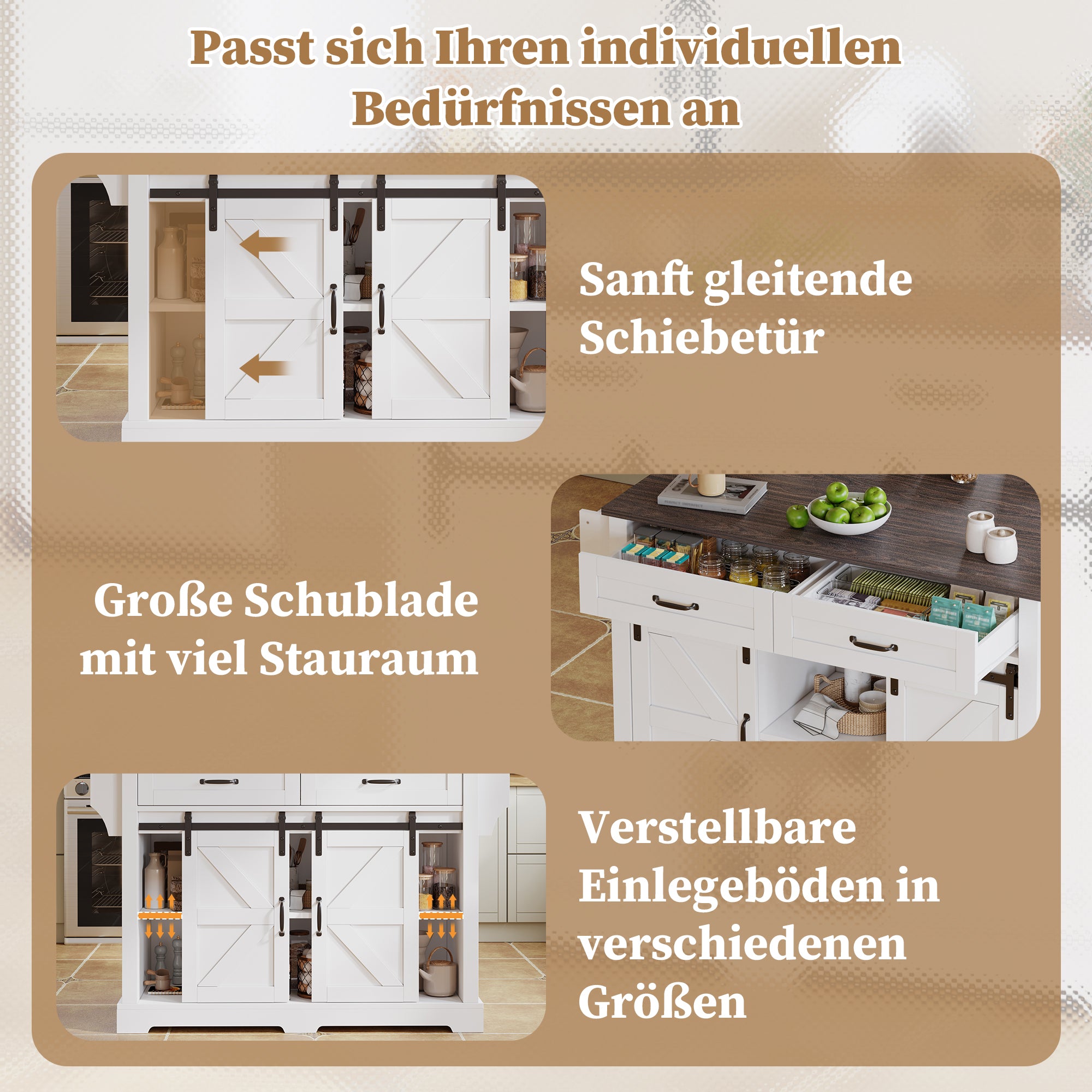 Kitchen Island with Fold-Down Worktop and Sliding Doors, Barn Style, White