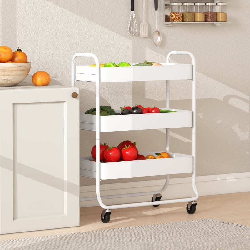 3-Tier Storage Trolley Utility Cart Mesh Baskets White Metal