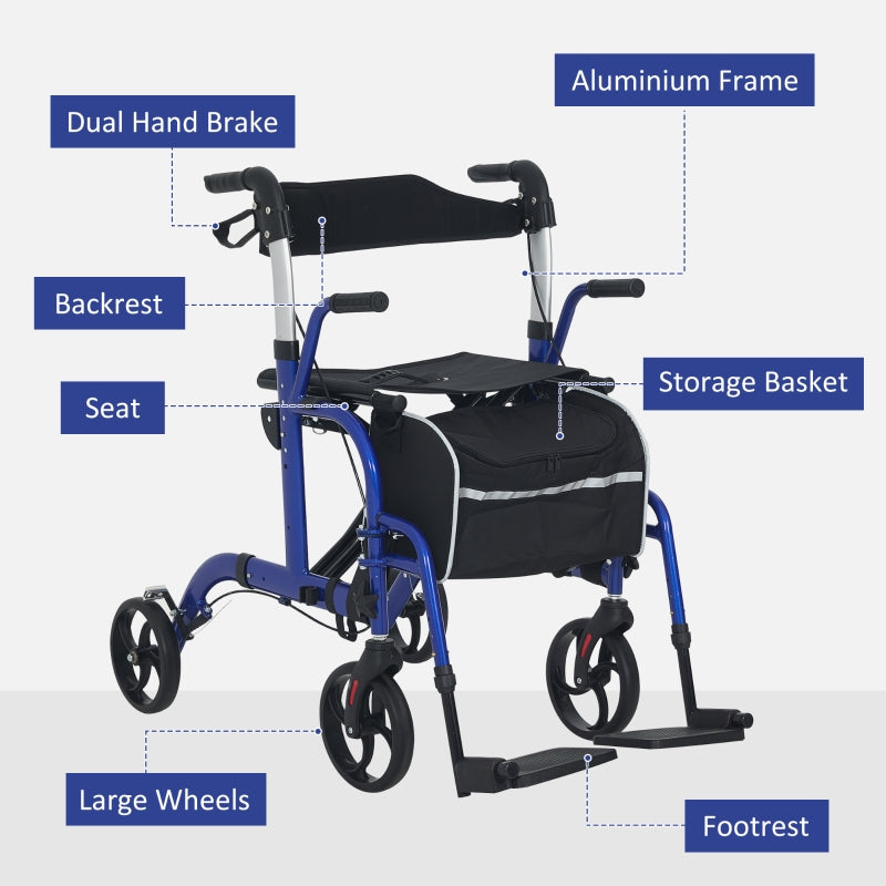 2 in 1 Wheelchair Transport Chair & Folding Rollator Walker with Seat, Backrest, Footrest, Lightweight, Adjustable Height, Pearl Blue