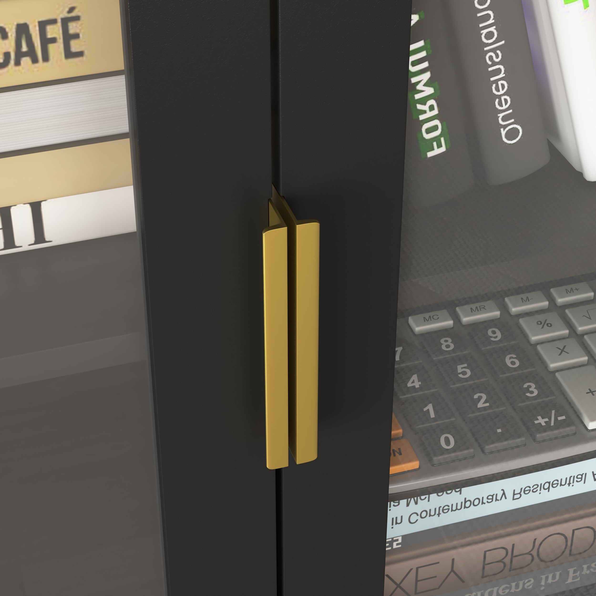 Tall Bookcase 4-Door Storage with Tempered Glass and Adjustable Shelf - Black MDF