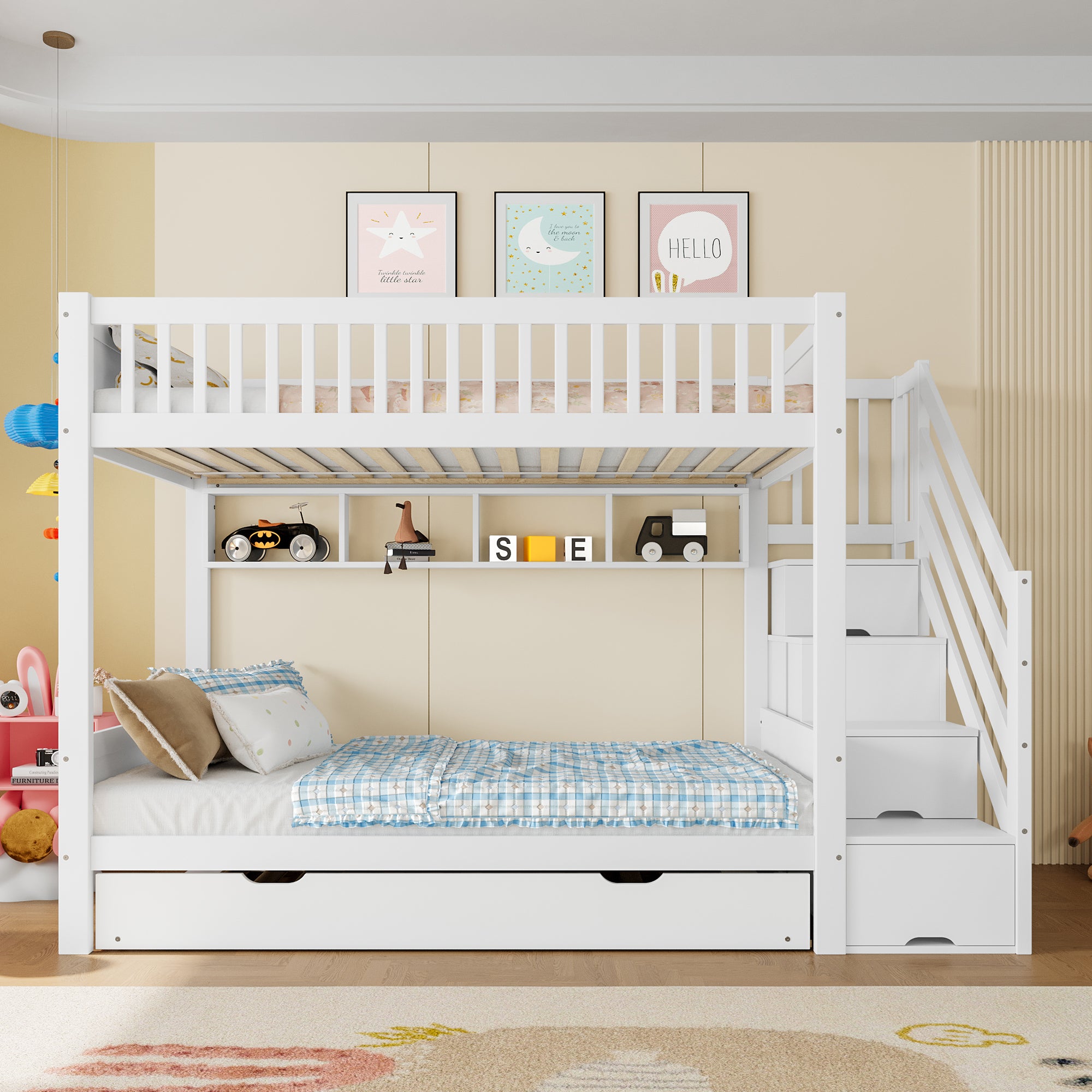 Bunk Bed with Pull-Out Bed, Wardrobe, Storage, 90x200cm, White