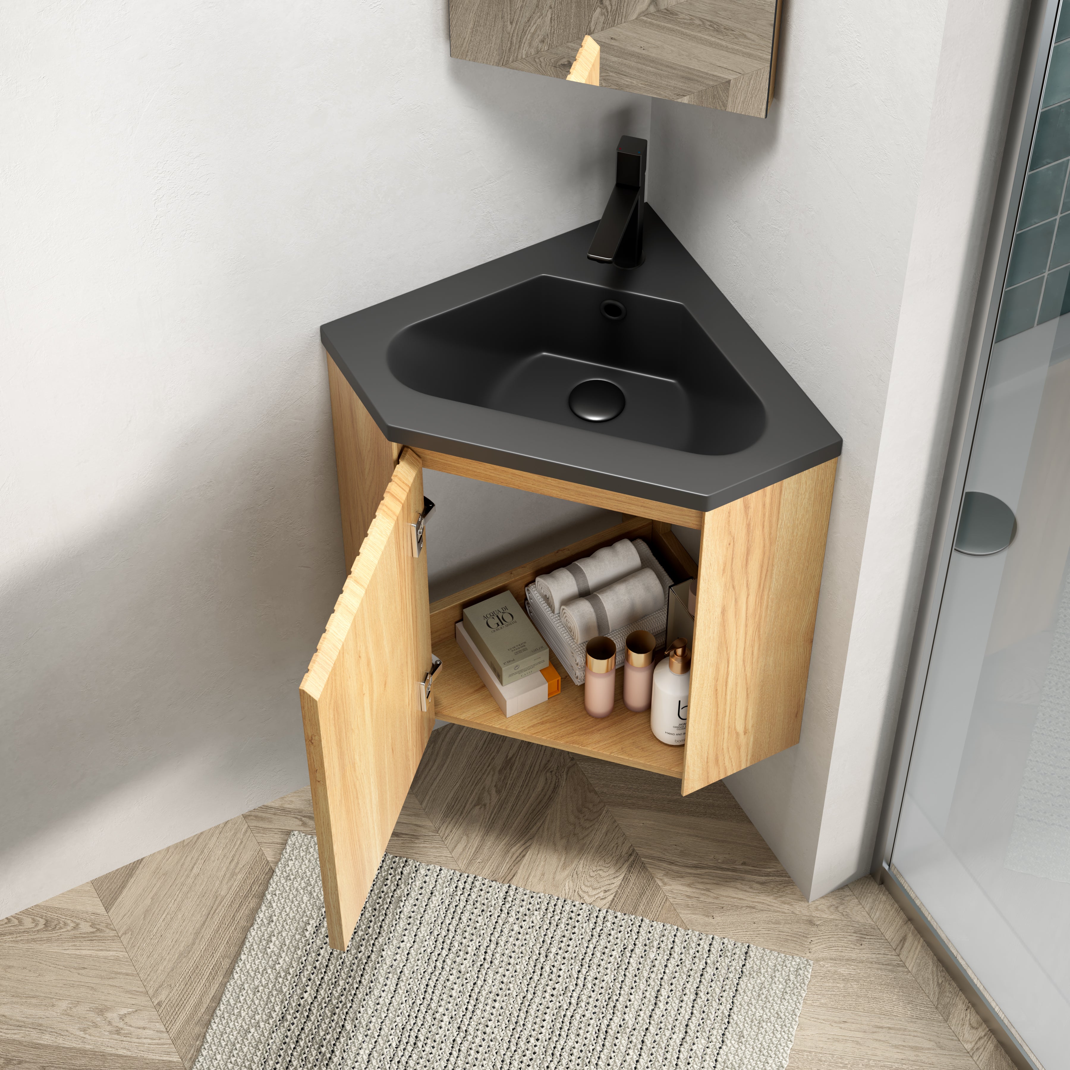 ZURI 38cm Wall Mount Bathroom Vanity Unit with Matt Black Resin Basin, Triangular Plywood Cabinets, Natural Wood