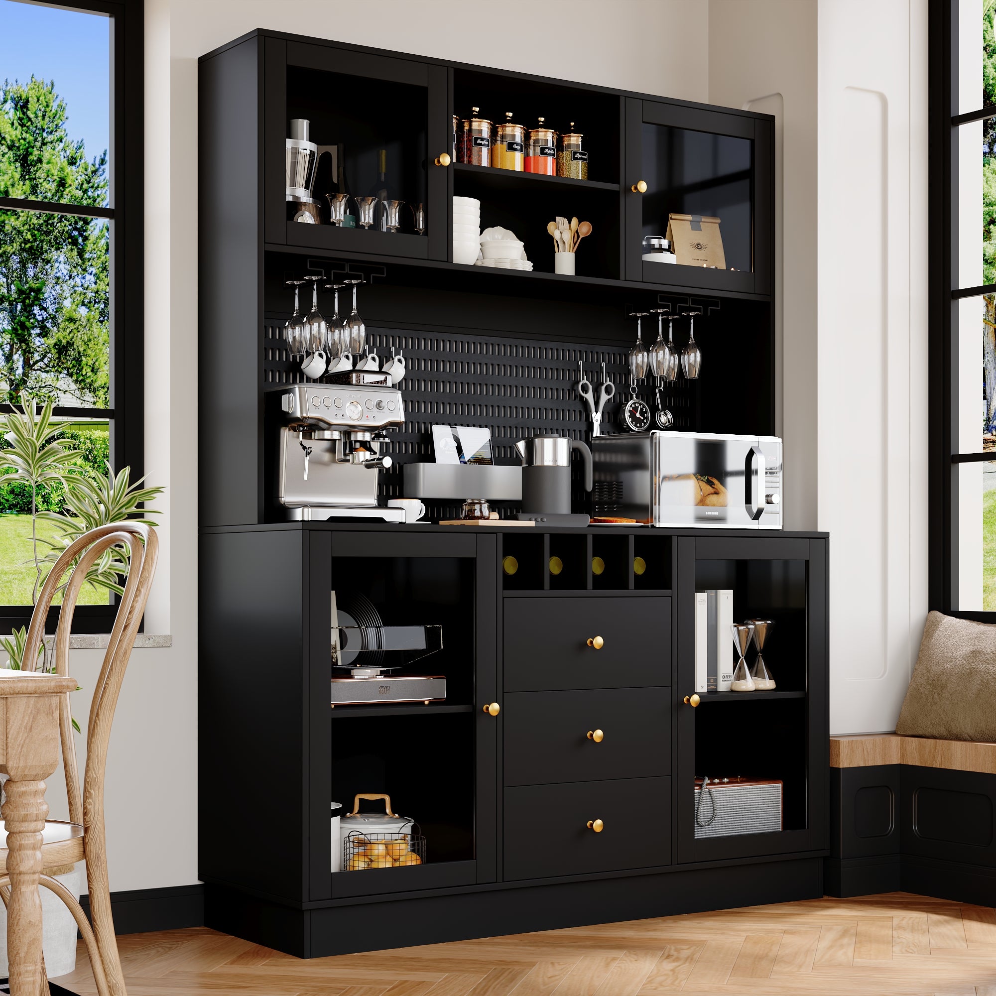 Modern Tall Cabinet with Smart LED Lighting, Wine Rack and Adjustable Shelves, Black