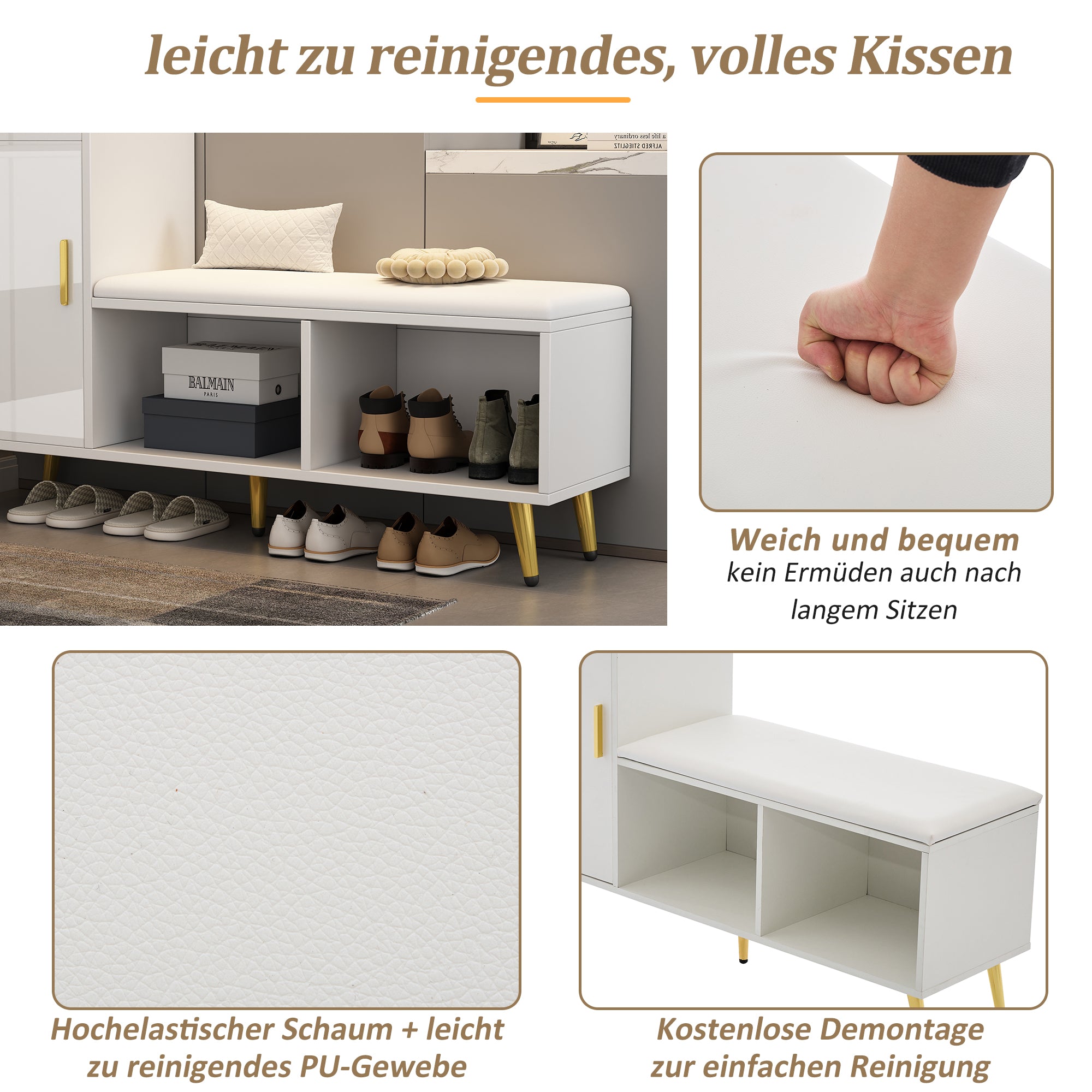 Shoe Cabinet, Multi-Tiered Storage with Upholstered Seat and Gold Accessories, White High Gloss