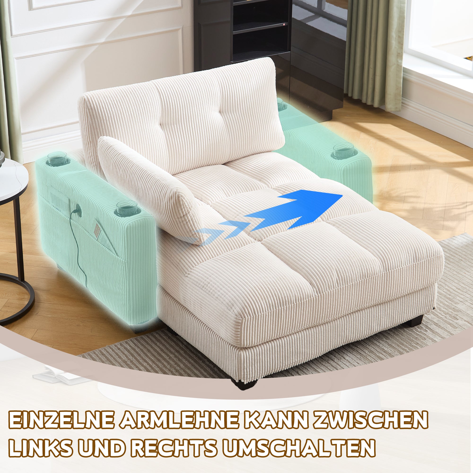 Palm Chair, Fluffy Striped Upholstery with Rolling Cushions & Side Pocket, Beige