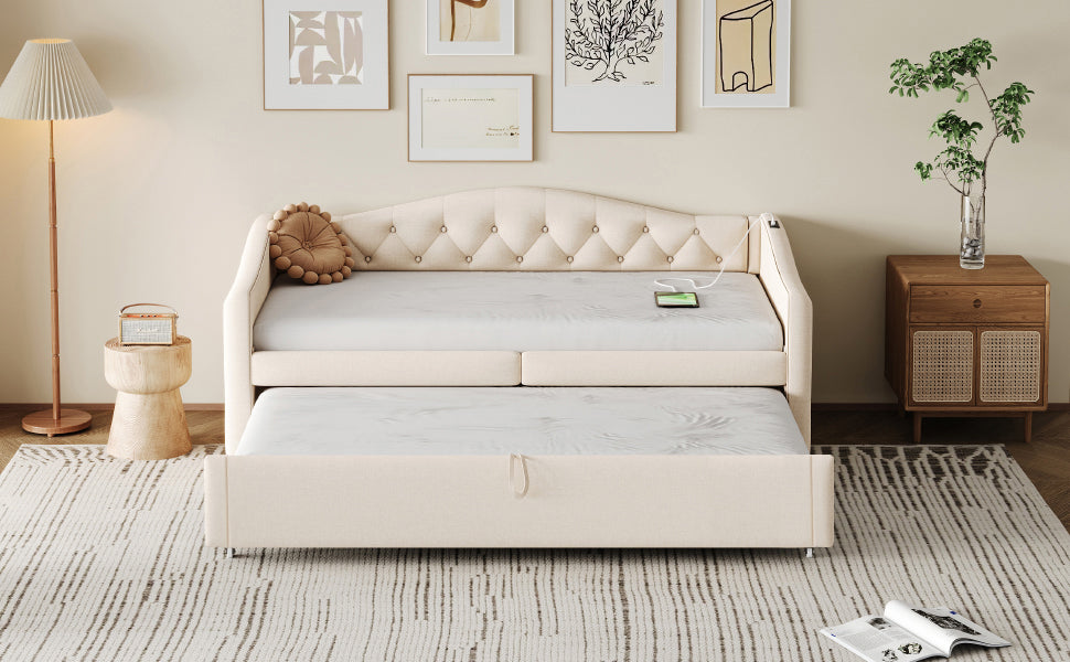 Upholstered Pull-out Sofa Bed with USB Port, Slatted Frame, Multifunctional - Linen Fabric, Beige
