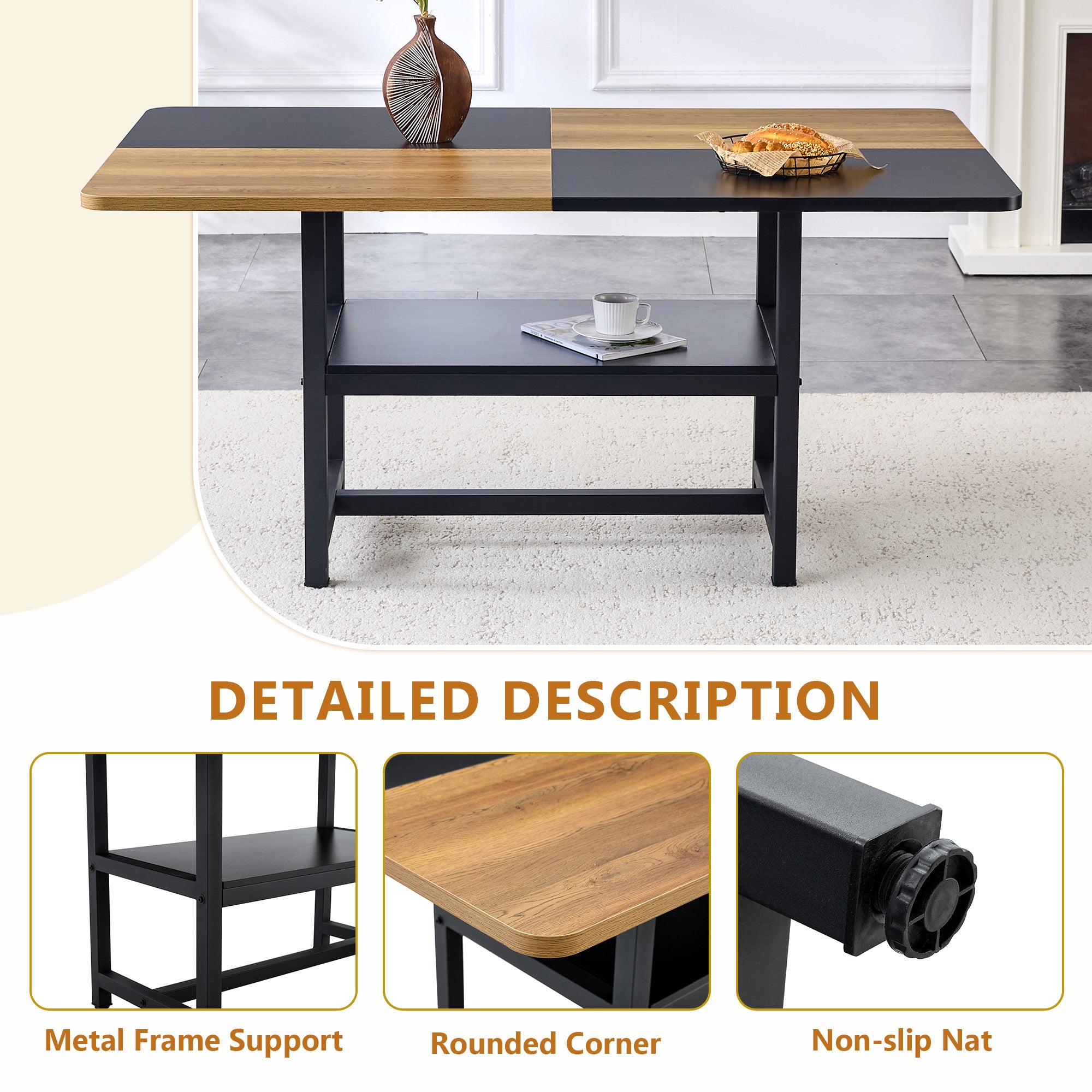 Dining Table Set, 160 cm Rectangular with Storage & 4 Chairs, Brown Tech-Fabric