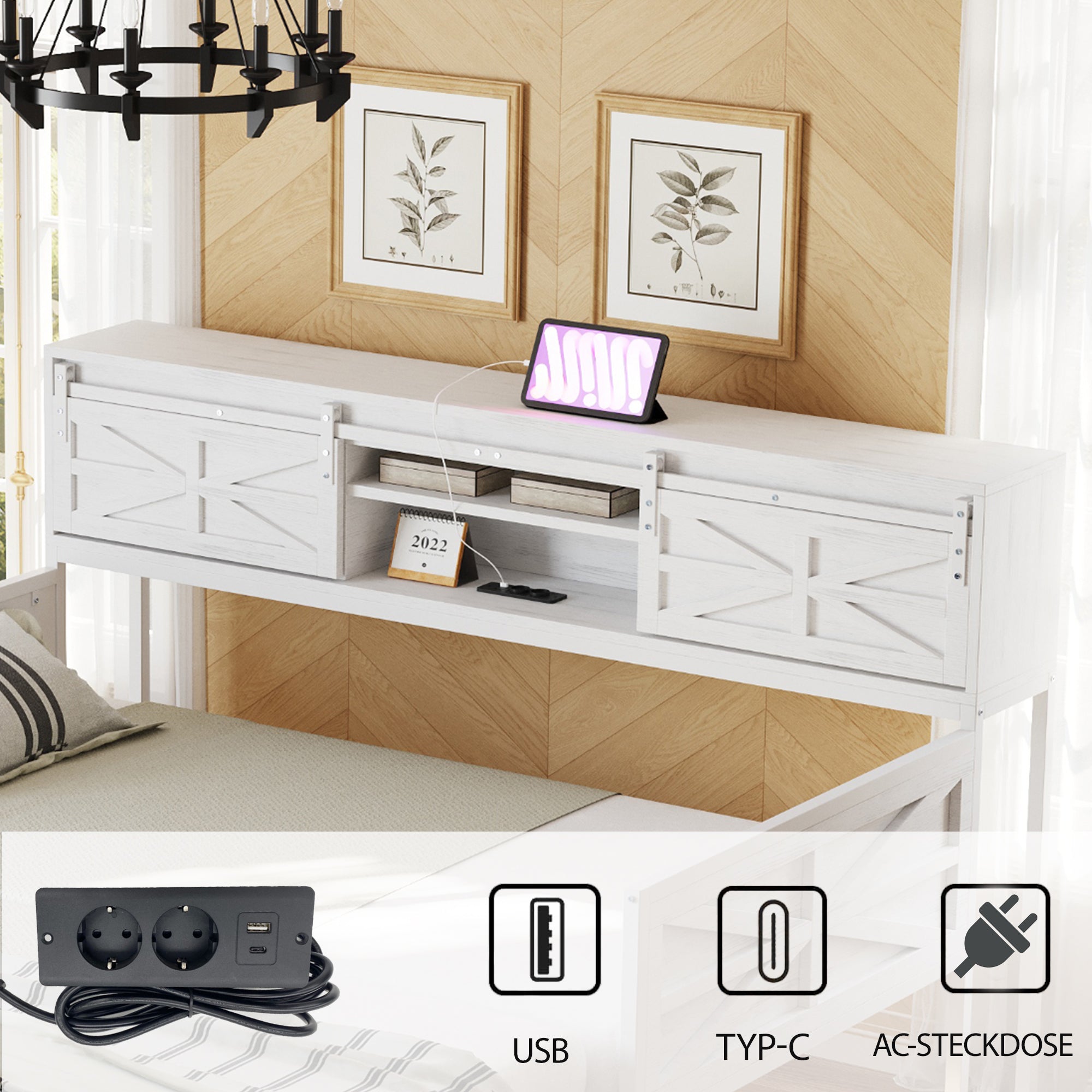 Iron Sofa Bed, 90x200cm Pull-Out with Storage & Sockets, White