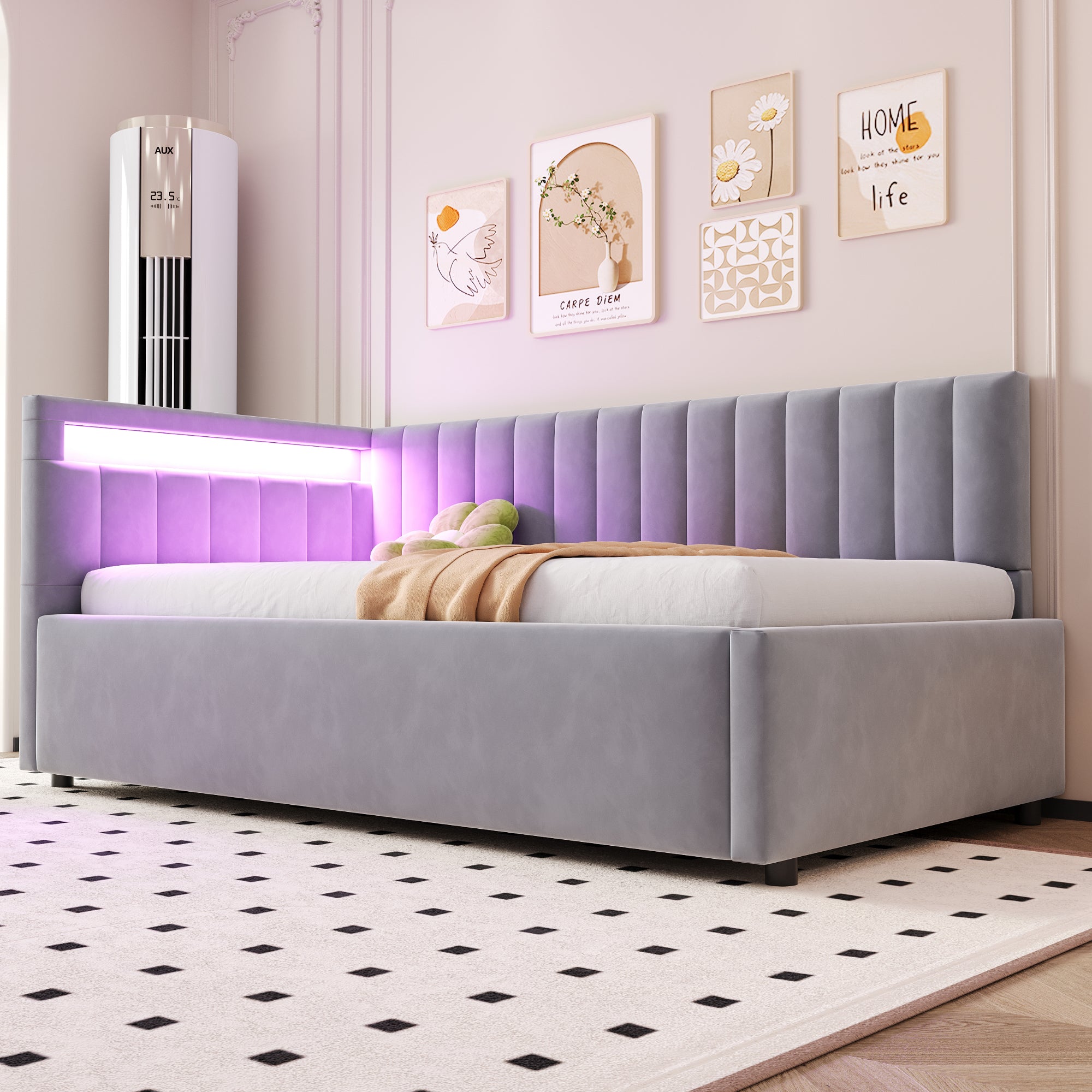 Upholstered Sofa Bed 90x200 with LED Lighting & Hydraulic Storage, Light Grey Velvet