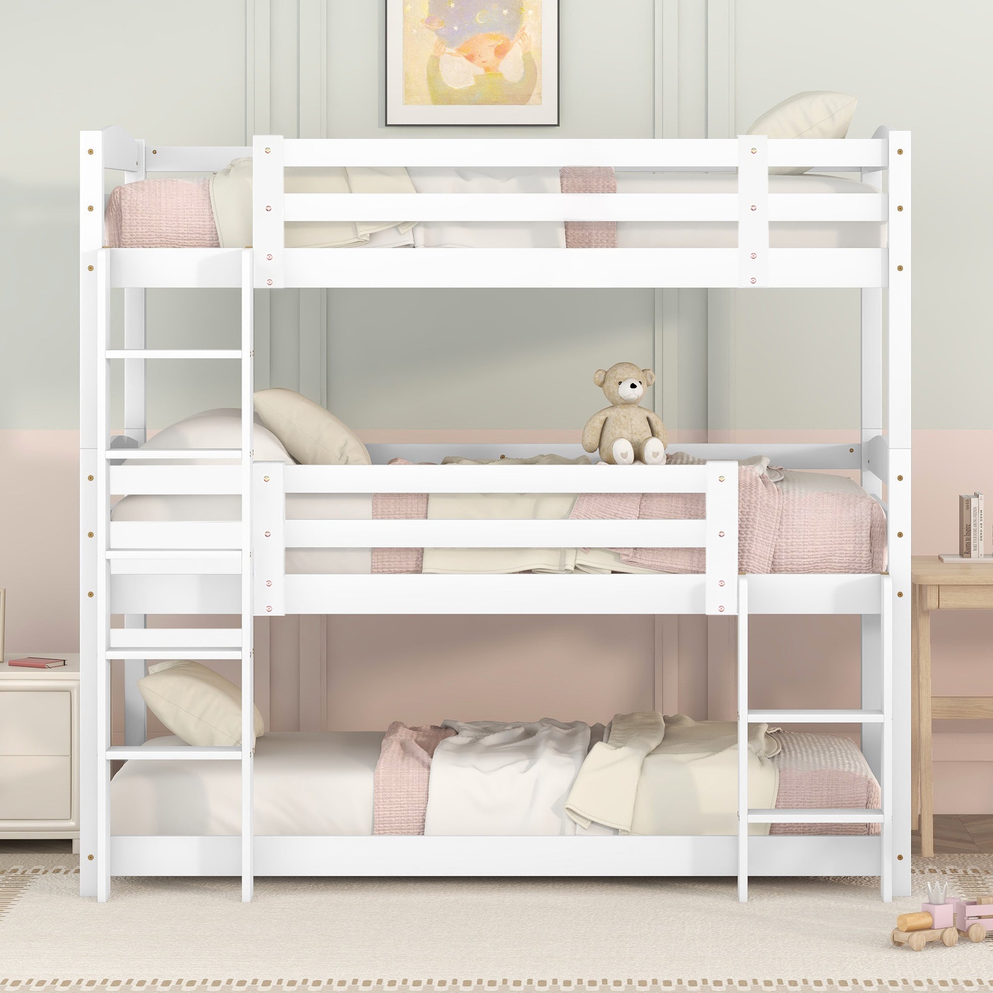 (WX000112AAK-3) Triple Bunk Bed 90x200cm Single-Size Wooden, White