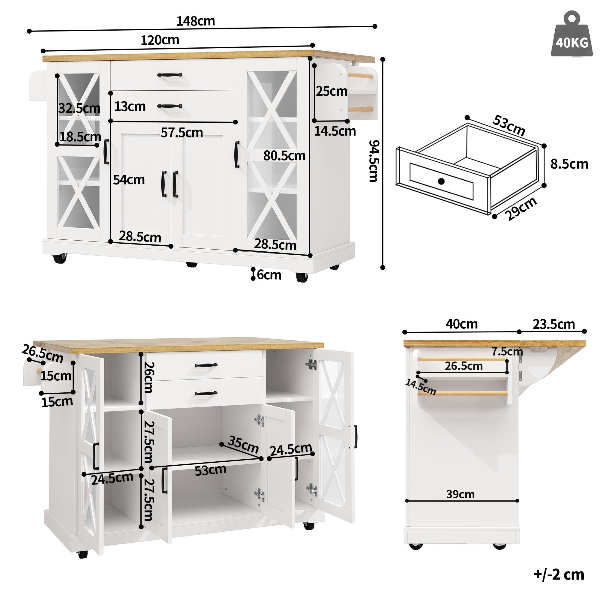 Mobile Kitchen Island Serving Trolley 4 Doors Glass Drawers Adjustable Shelves - White