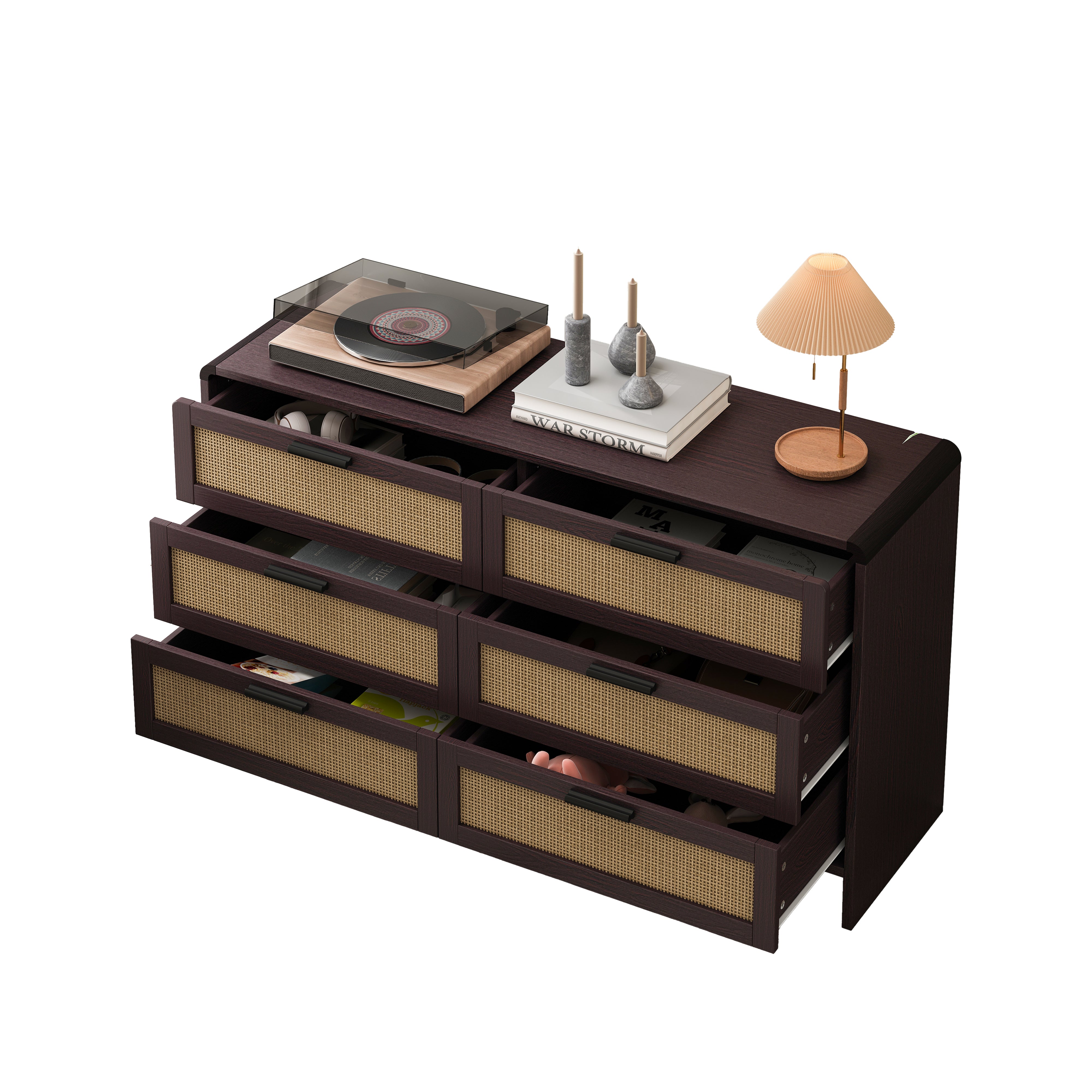 Rattan Cabinet, 130CM Arc Shaped Corner 6-Drawer Storage, Reddish-brown