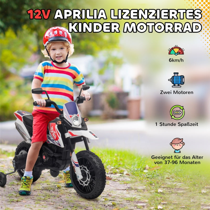 AIYAPLAY Kids' Motorcycle with Training Wheels, LED Lights, Music, USB, 12V, White
