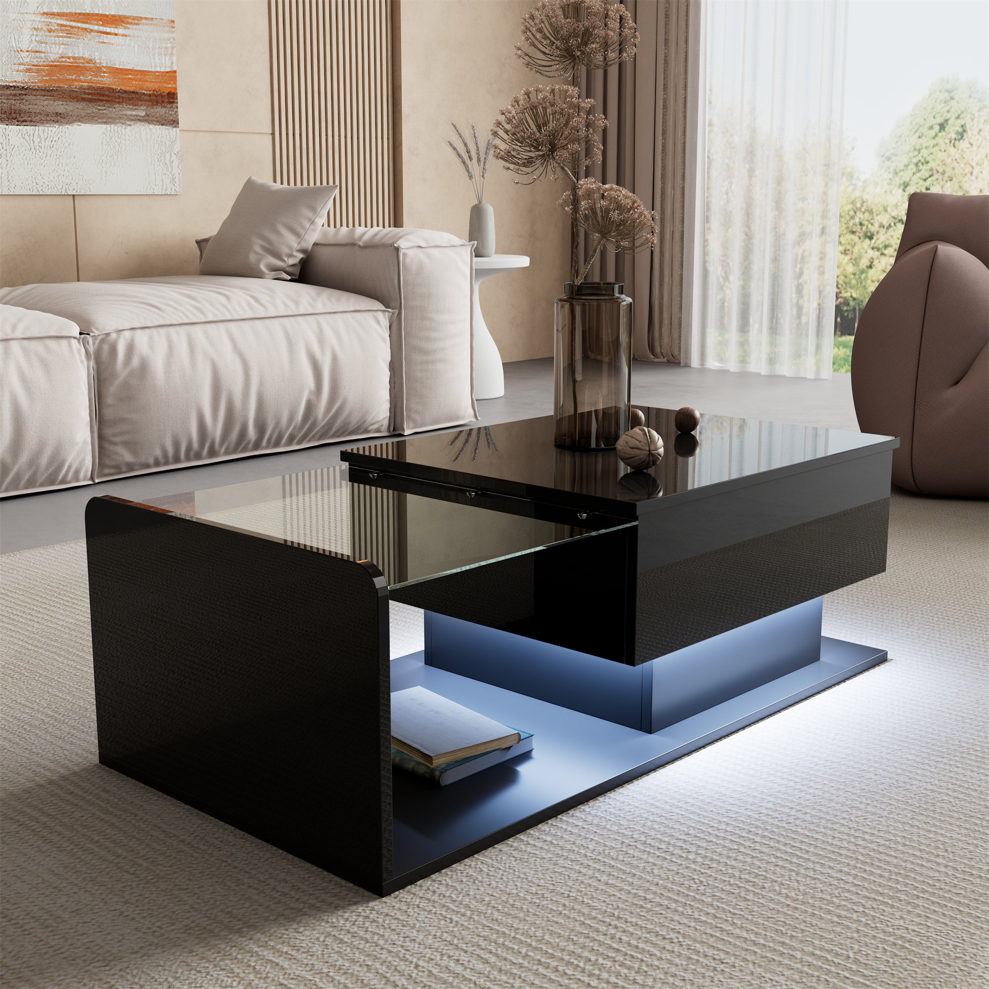 Coffee Table with Glass & LED, High-Gloss Black