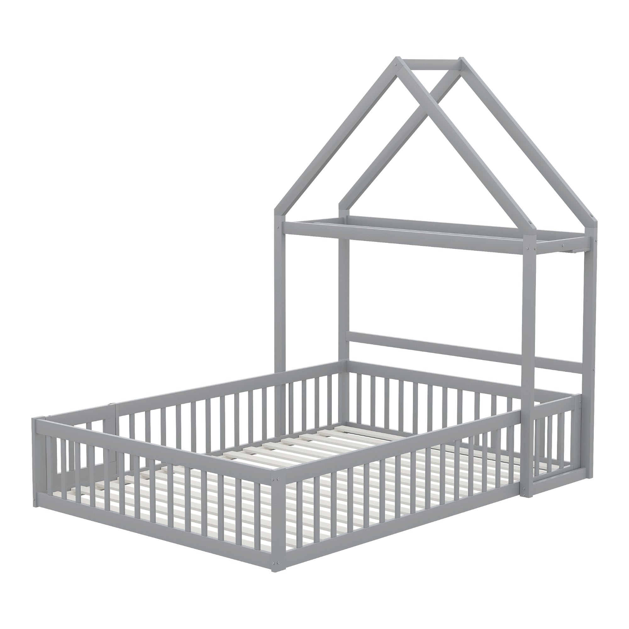 Children's Bed, 140x200 Solid Wood with Storage, Full Safety Gate & Slatted Frame, Grey
