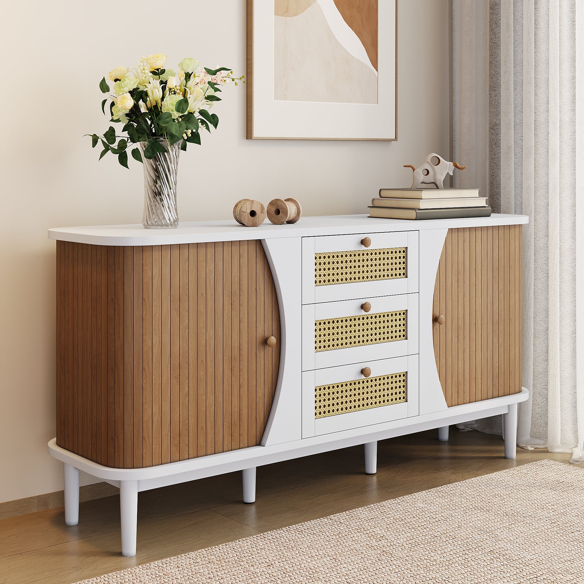 Sideboard, Rattan Sliding Door Chest, Adjustable Shelves, White and Wood