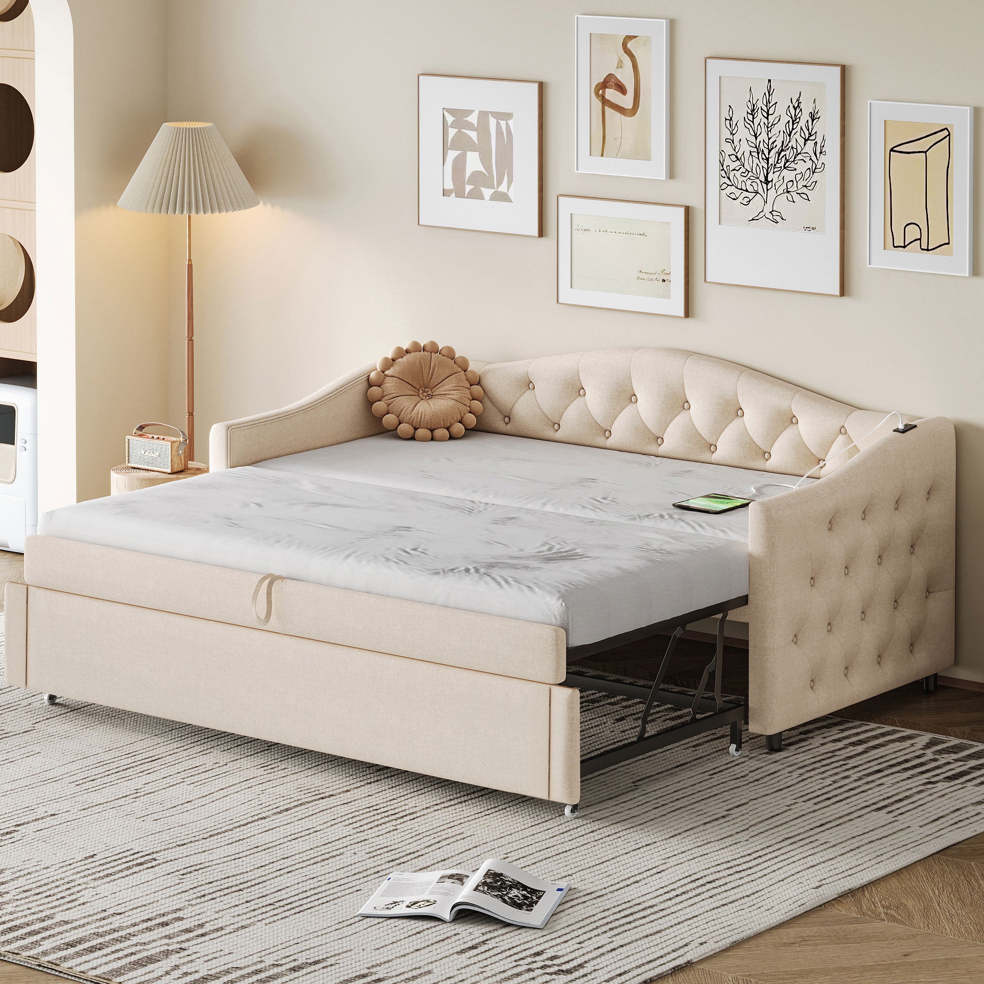 Upholstered Pull-out Sofa Bed with USB Port, Slatted Frame, Multifunctional - Linen Fabric, Beige