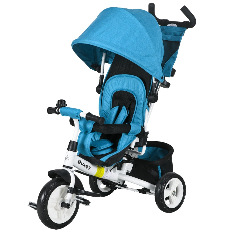 6-in-1 tricycle with push bar, removable sun canopy, 5-point safety harness, blue
