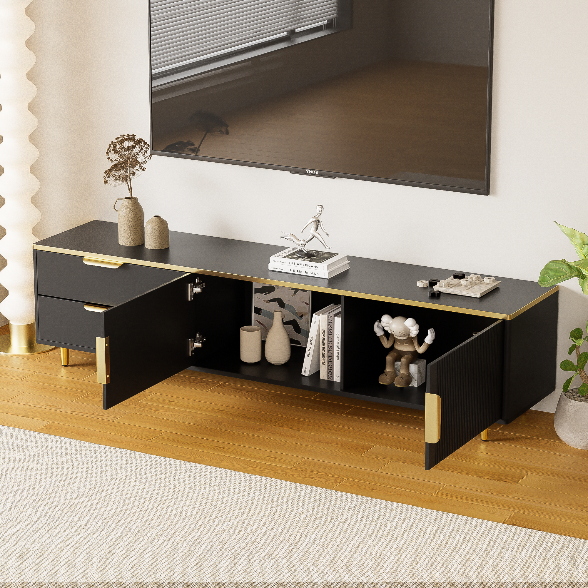 TV Cabinet, Lowboard with Carved Structure, Golden Accents