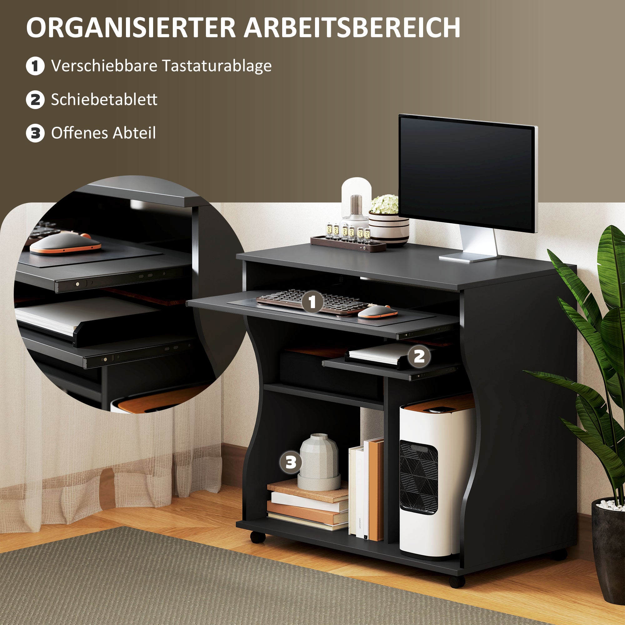 Computer Desk with Wheels, Keyboard Tray, Storage, Black
