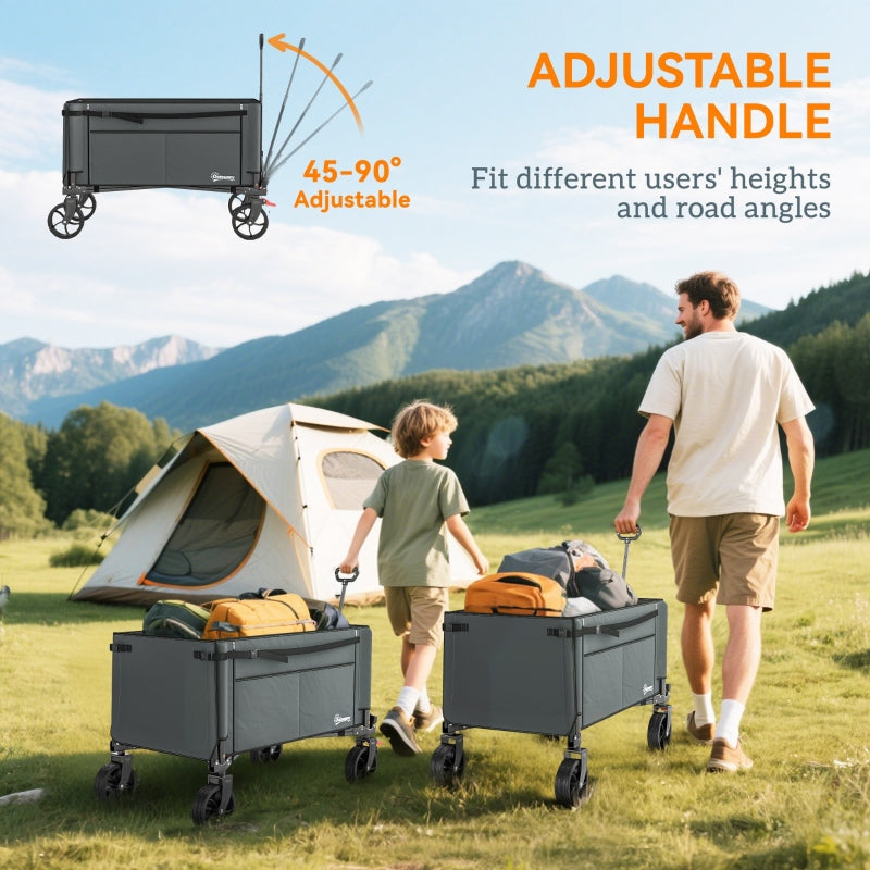 Folding Trolley 150L Collapsible Wagon Openable Sides Adjustable Handle Brakes, Grey