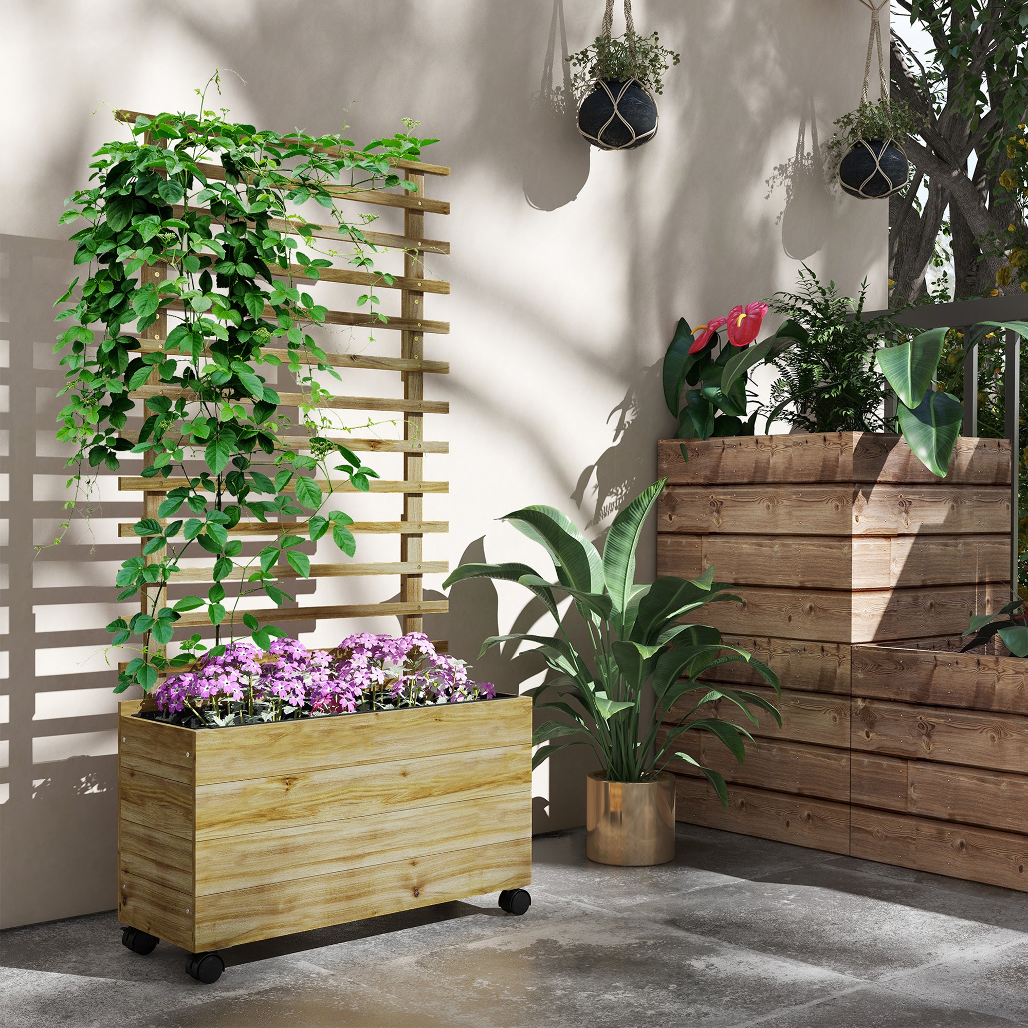 Wooden Raised Planter with Back Trellis, Natural Finish