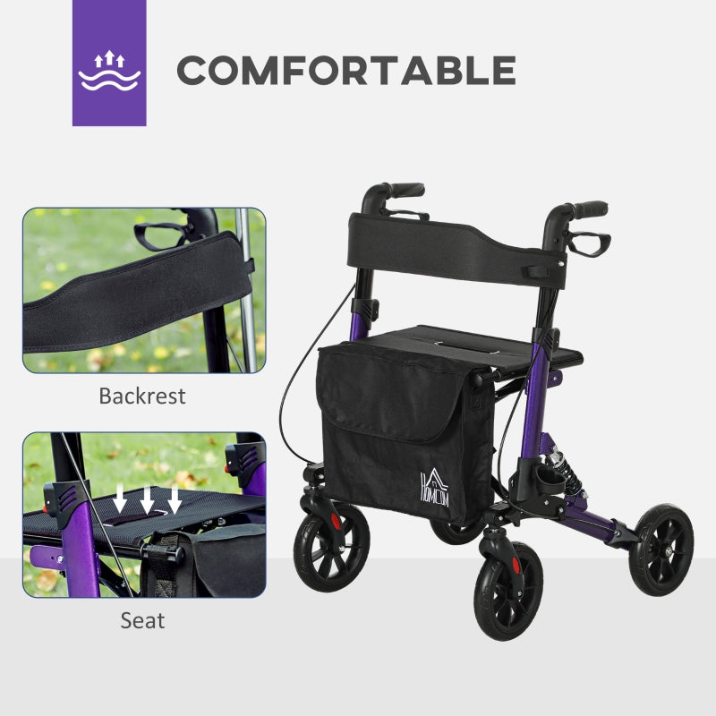 Folding Rollator Walker with Seat, Dual Brakes, Adjustable Height, 4-Wheeled, Purple
