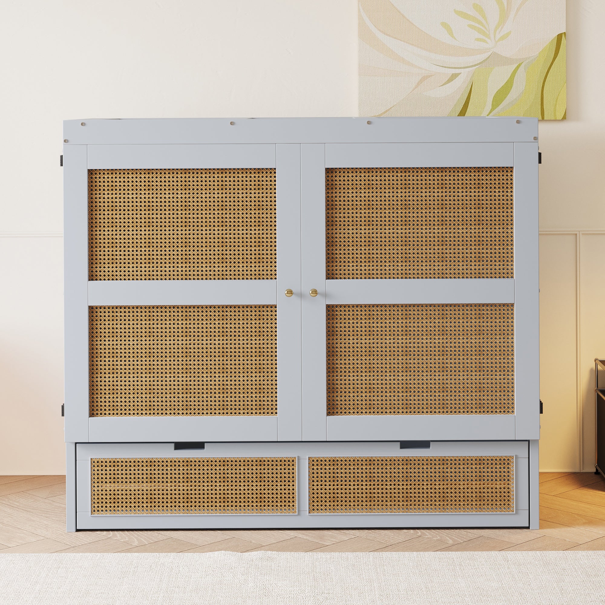 Wall Bed 140x200cm, Slatted Frame, Storage Drawers, Rattan Design, Grey