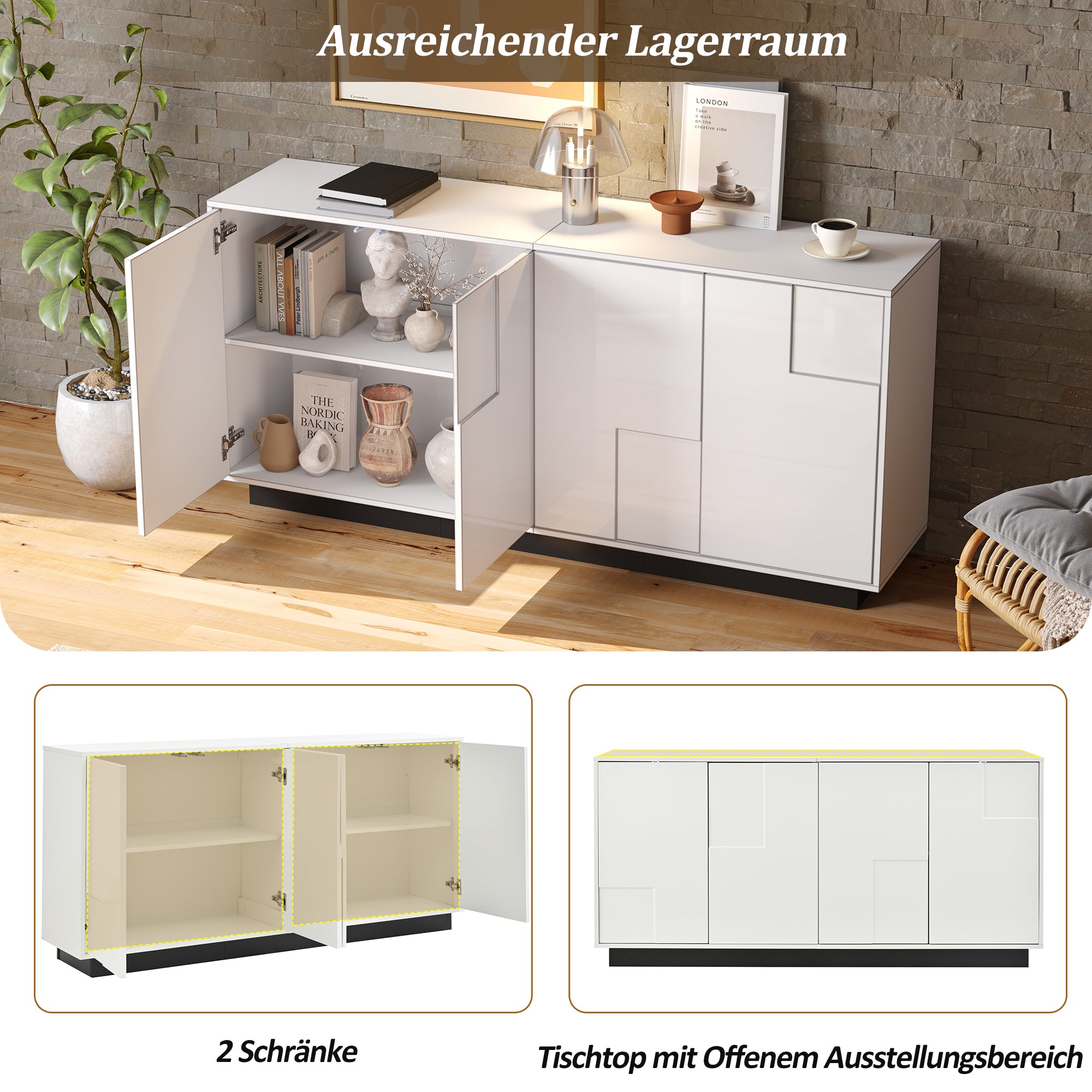 Living Room Sideboard, 4-Door High-Gloss Cabinet with Ample Storage, White and Black