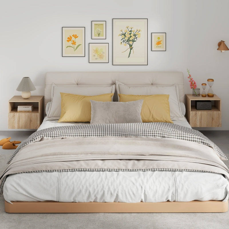 Nightstand Handleless Wall-Mounted Drawer & Open Compartment Light Brown